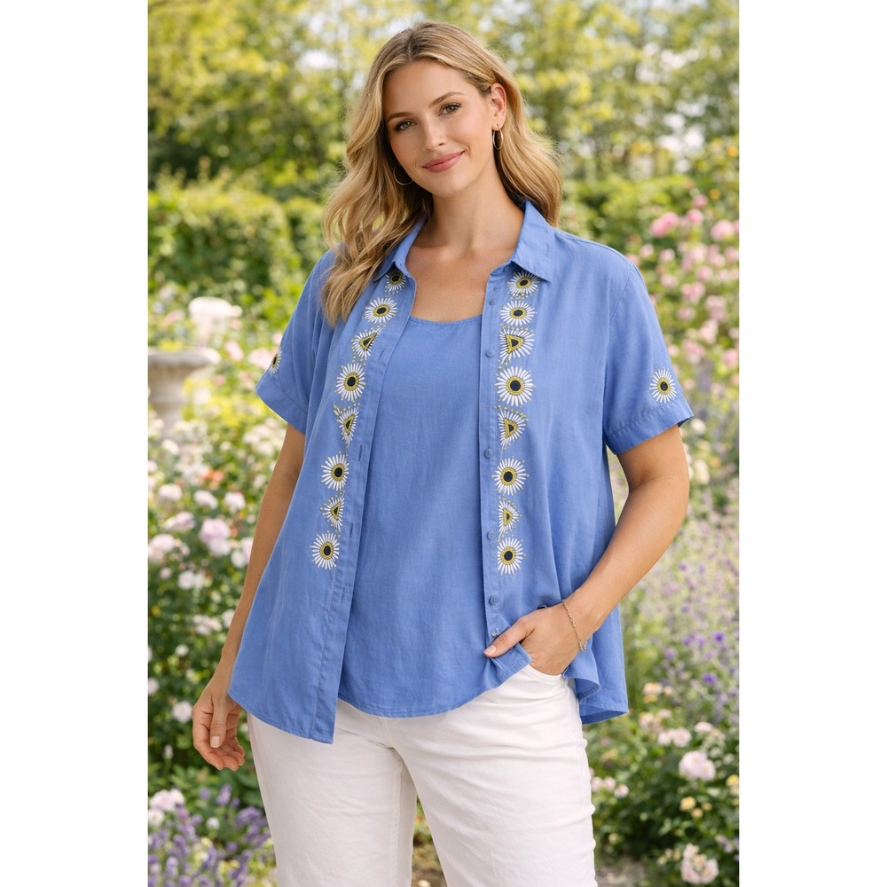 Bob Mackie Blue Linen 1x Embroidered 2 piece Set Boho Cottage Spring floral